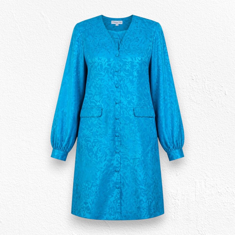 Vintage 80s Adrianna Papell Turquoise Silk Jacquard Button Coat Dress Size 12